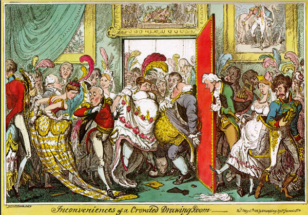 Inconveniences of a Crowded Drawing Room; caricature drawing by George Cruikshank